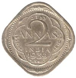 Two Annas Coin of King George VI of Bombay Mint of 1939.