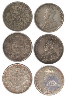 Silver One Rupee (3) King George V of Bombay Mint.