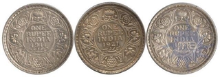 Silver One Rupee (3) of King George V of Calcutta and Bombay Mint.