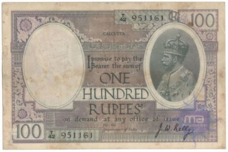 One Hundred Rupees Bank Note of King George V Signed by J.W.Kelly of 1927 of Calcutta Circle.