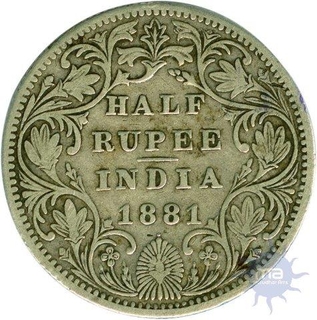 Silver Half Rupee Coin of  Victoria Empress of  Bombay Mint of 1881.