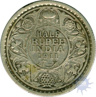 Silver Half Rupee Coin of King  George V of Calcutta Mint of 1911,