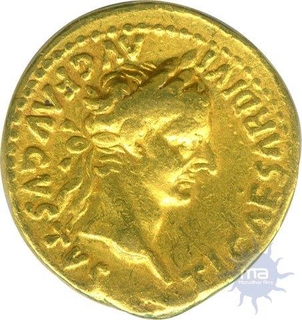 Gold Aureus Coin of  Lugdunum of Tiberius.