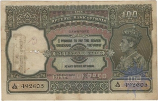 Hundred Rupees Bank Note of  King George VI of  J B Taylor of  Cawnpore Mint.