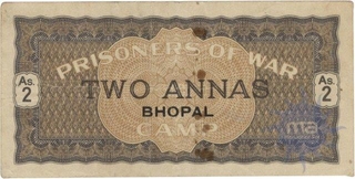 Two Annas Coupons of Prisoners of War, World War II of  Bhopal Overprinted In Black.