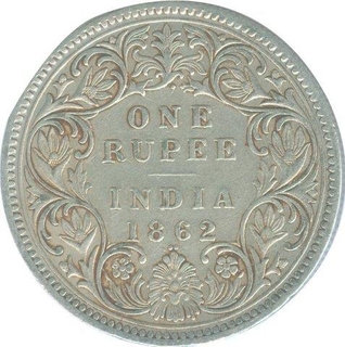 Silver One Rupee Coin of Victoria Queen of Bombay Mint of 1862.