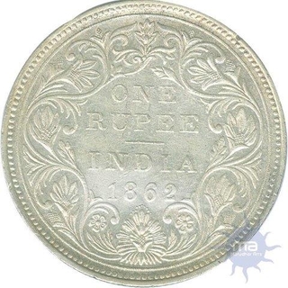 Silver One Rupee Coin of Victoria Queen of Bombay Mint of 1862.