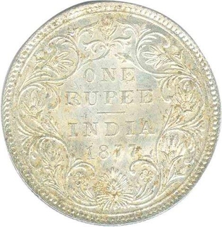 Silver One Rupee Coin of Victoria Empress of Bombay Mint of 1877.