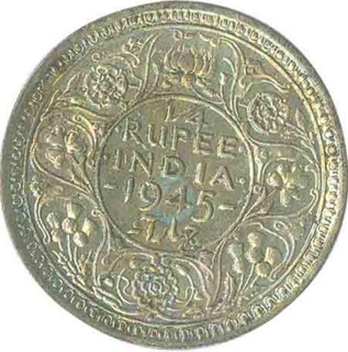 Silver Quarter Rupee of King George VI of Bombay Mint of 1945.