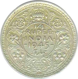 Silver Quarter Rupee of King George VI of Lahore Mint of 1945.