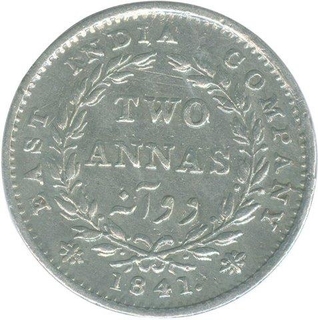 Silver Two Annas of Victoria Queen of Madras Mint of 1841.