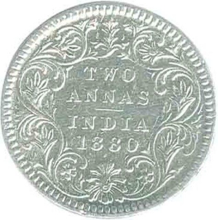 Silver Two Annas of Victoria Empress of Calcutta Mint of 1880.