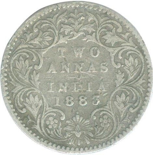 Silver Two Annas of Victoria of Bombay Mint of 1883.