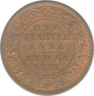 Copper One Quarter Anna of Victoria Queen of Calcutta Mint of 1874.