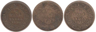 Copper Half Pice of  King George V of Calcutta Mint of 1915 1917 & 1930.