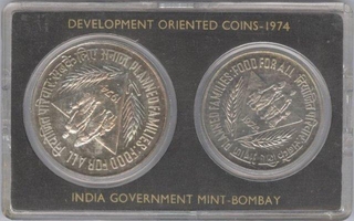 Proof Set of Two Coins of Ten and Fifty Rupees of Planned Families  food For All of  Bombay Mint of the year 1974.