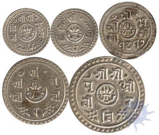 Silver Half (1) & One Fourth Mohar (3) of Prithvi Vira Vikrama of Nepal.