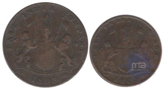 Copper Ten & Twenty Cash Coin of Madras Presidency of 1808.