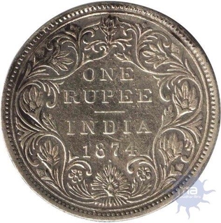 Silver One Rupee Coin of  Victoria Queen of Bombay Mint of 1874.