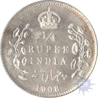 Silver One Fouth Rupee Coin of Edward VII King and Emperor of 1908.