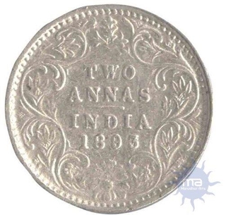 Silver Two Annas Coin of Victoria Empress of 1893.