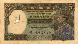 Five Rupees Bank Note of King George VI Signed by J B Taylor of 1938.