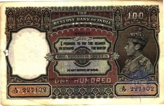 Hundred Rupees Bank Note of King George VI Signed by J B Taylor of 1938.