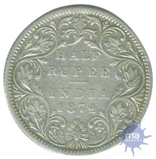 Silver Half Rupee Coin of  Victoria Queen of Bombay Mint of 1874.