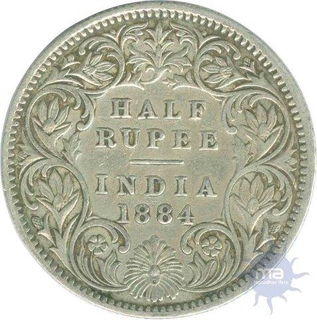 Silver Half Rupee Coin of  Victoria Empress of Calcutta Mint of  1884.