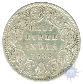 Silver Half  Rupee Coin of  Victoria Empress of Bombay Mint of 1885.