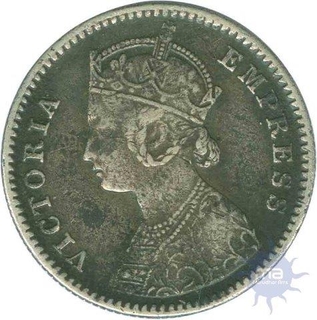 Silver Quarter Rupee Coin of Victoria Empress of Bombay Mint of 1877.