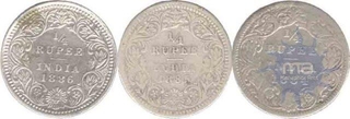 Silver Quarter  Rupee  Coins of Victoria Empress of 1884 and 1885 and 1886.