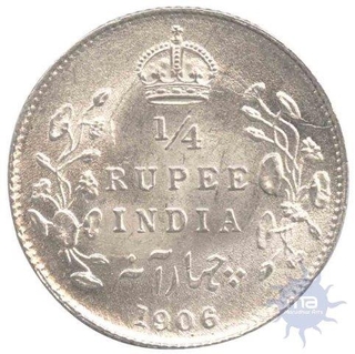 Silver Quarter  Rupee Coin  of  King Edward VII of Calcutta Mint of 1906.