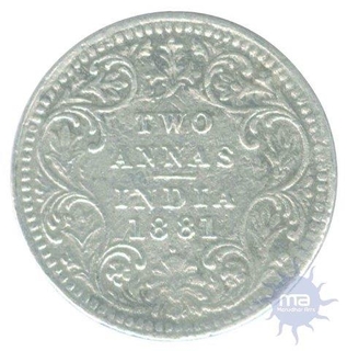 Silver Two Annas Coin of  Victoria Empress of Bombay Mint of 1881.