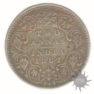 Silver Two Annas Coin of Victoria Empress of  Bombay Mint of 1882.