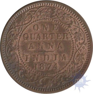 Copper Quarter  Anna Coin of Victoria Queen of Calcutta Mint of 1874.