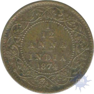 Copper One Twelfth  Anna Coin of Victoria Queen of Calcutta Mint of 1874.