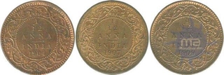 Copper and Bronze  One Twelfth  Anna Coins of  King Edward VII of Calcutta Mint of 1904 and 1907 and 1909.