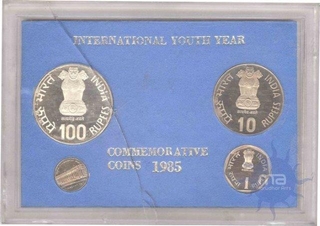 Proof Set of International Youth Year of Calcutta Mint of the year 1985.