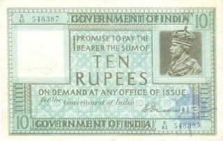 Ten  Rupees Bank Note of of King George V of  Signed by  H Denning of 1923.