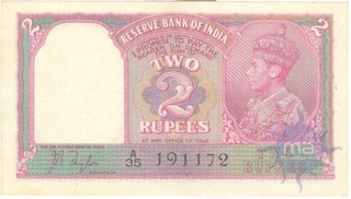 Two  Rupees Bank Note of King George VI of Signed by J B  Taylor.