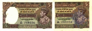 Five  Rupees Bank Notes of King George VI of  Side Facing Portrait of King of Signed J B Taylor.