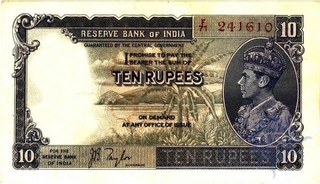 Ten Rupees Bank Note of King George VI of Signed by  J B Taylor of 1938.