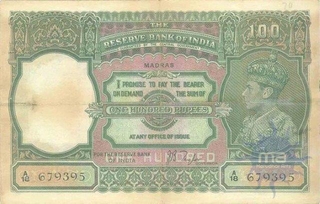 Hundred Rupees Bank Note of  King George VI of  Signed by  J B  Taylor of  Madras Circle.