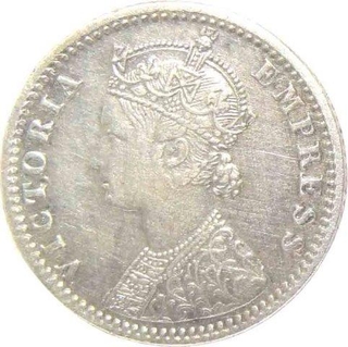 Silver Quarter Rupee Coin of Victoria Empress of Bombay Mint of 1887.