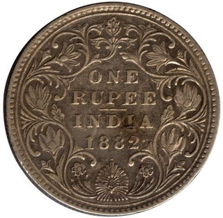 Silver Rupee Coin of Victoria Empress of Bombay Mint of 1882.