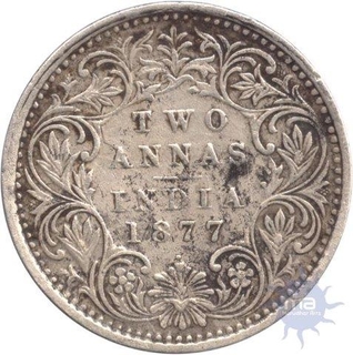 Silver Two Annas Coin of  Victoria Empress of  Bombay Mint of 1877.