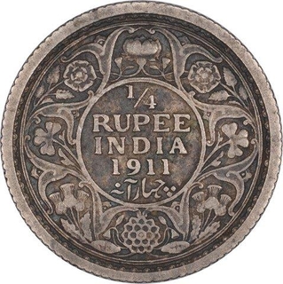 Silver Quarter Rupee Coin of King George V of Calcutta Mint of 1911.