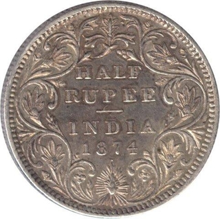 Silver Half Rupee Coin of Victoria Queen of Bombay Mint of 1874.