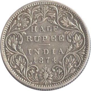 Silver Half Rupee Coin of Victoria Queen  of Bombay Mint of 1874.